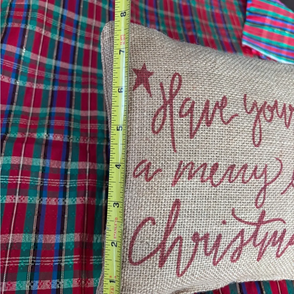 Christmas Pillow Burlap Red Script 8x8